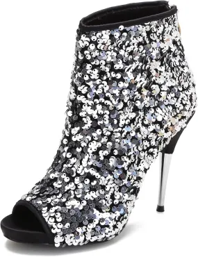CAMSSOO Women's Colorful Sequin Stiletto Boots Peep Toe Rear Zipper Sexy Dress Wedding Glitter High Heels Sandals Ankle Boots