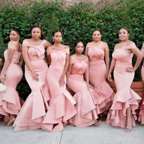 Charming Pink Off-shoulder Mermiad Ruffle Trumpet Long Bridesmaid Dress, BD3219