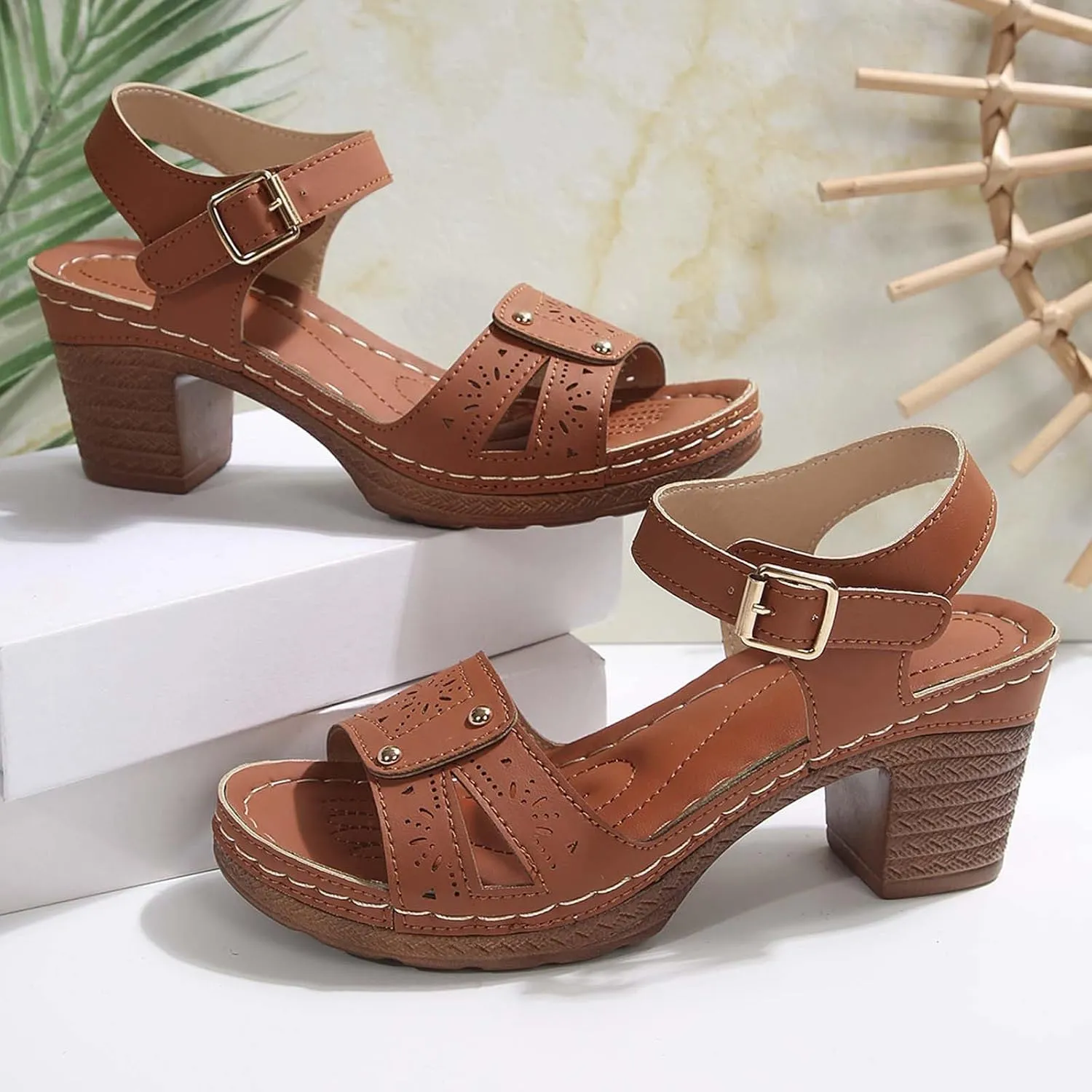 Chunky Block Heels Open Toe Ankle Strap Sandals Square Heels Comfortable Beach Shoes Sandals