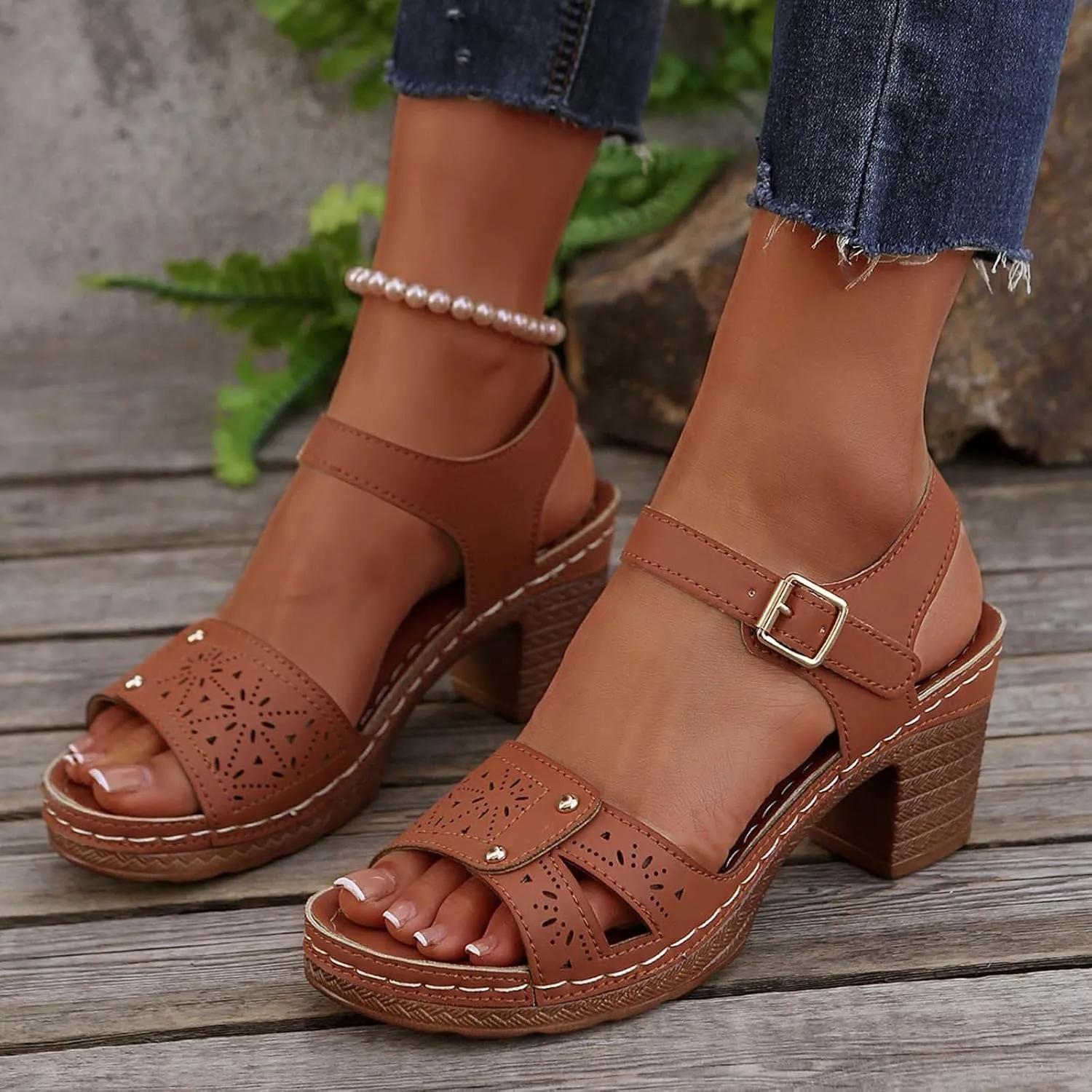Chunky Block Heels Open Toe Ankle Strap Sandals Square Heels Comfortable Beach Shoes Sandals