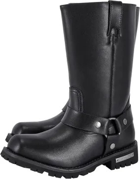 Dream Apparel Men's 12" Harness Motorcycle Boots for Riding, Square Toe Biker Boots, Knee High Boots with Full Length Side Zipper, Black PU Leather Mid Calf Boots