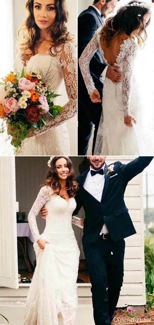 Elegant Lace Long Sleeve Backless Mermaid Long Wedding Dresss, PD0225
