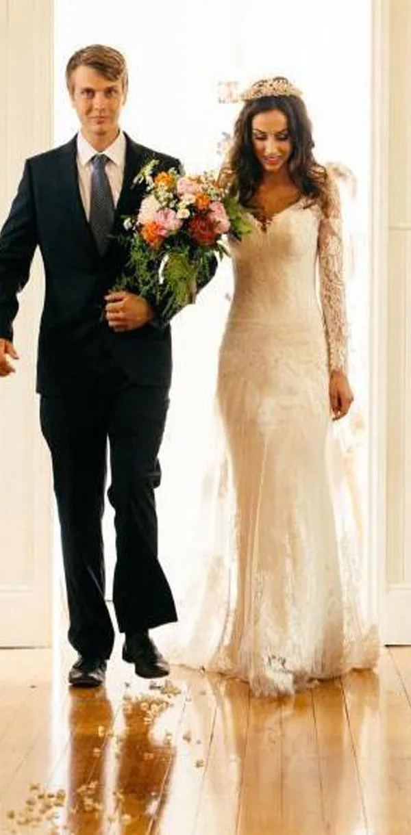 Elegant Lace Long Sleeve Backless Mermaid Long Wedding Dresss, PD0225