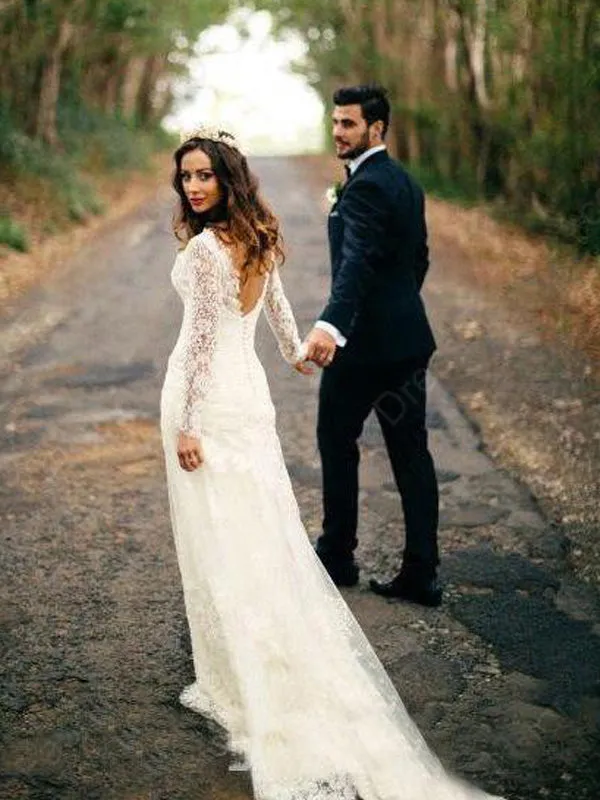 Elegant Lace Long Sleeve Backless Mermaid Long Wedding Dresss, PD0225