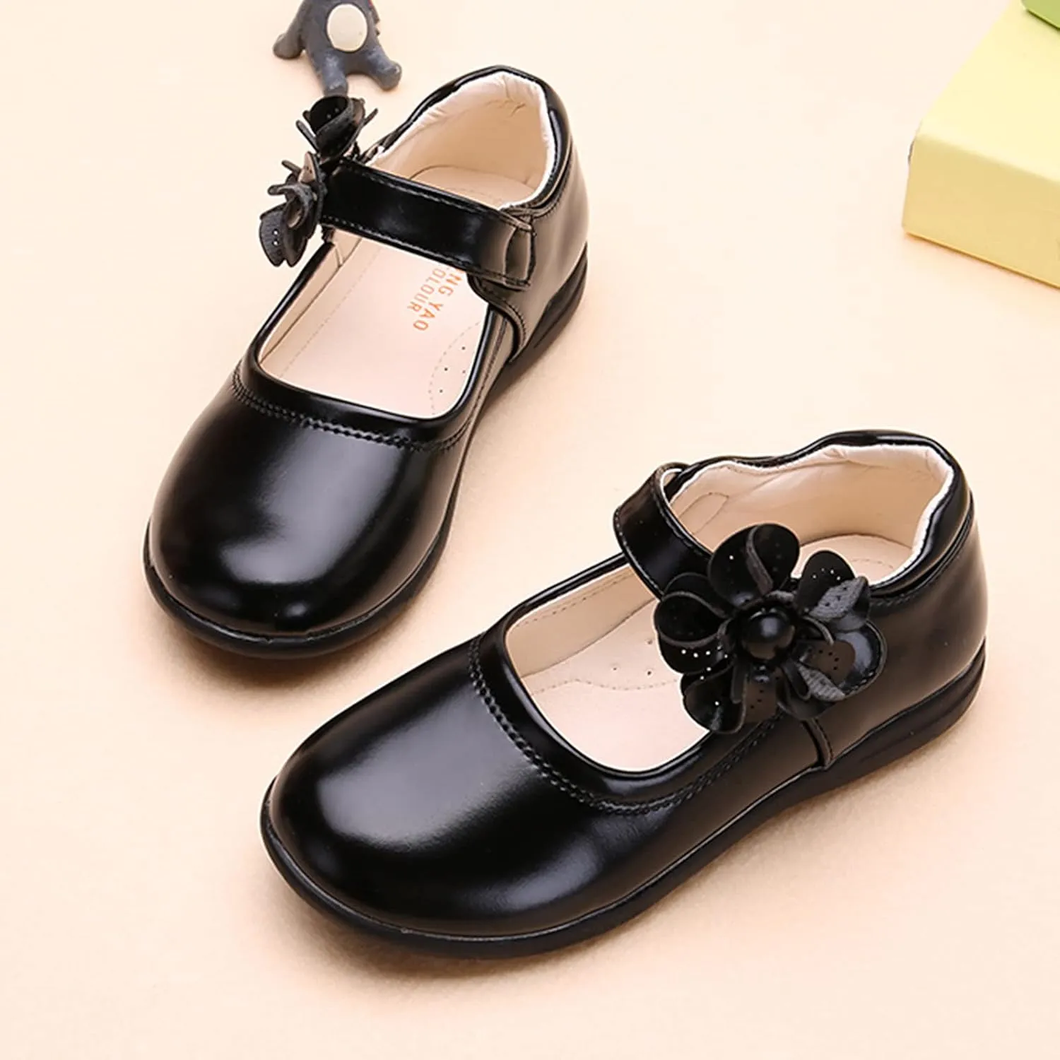 Girls Mary Jane School 𝗨niform Shoes Non-Slip Hook and Loop Princess Flower Flat𝘀 for Birthday Wedding Par𝘁y