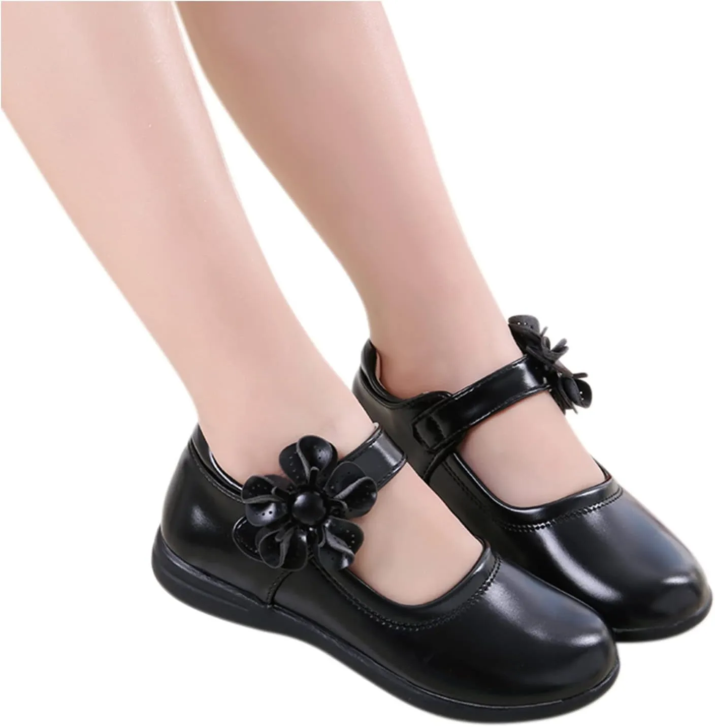 Girls Mary Jane School 𝗨niform Shoes Non-Slip Hook and Loop Princess Flower Flat𝘀 for Birthday Wedding Par𝘁y