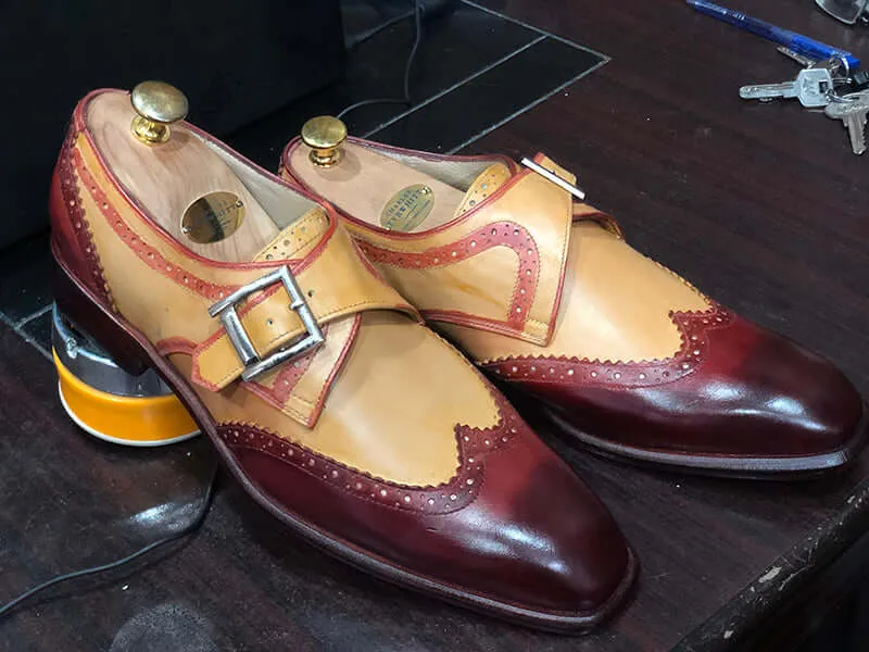 Handmade Men's Tan Burgundy Wing Tip Leather Shoes, Men Monk Strap Designer Shoes