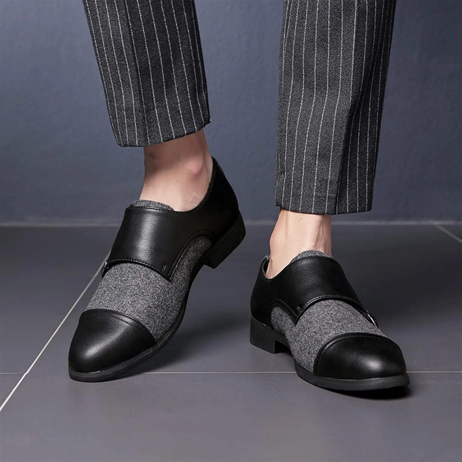 HOOENG Formal Oxford Shoes for Men Slip on Two Tone Monk Strap Cap Toe PU Leather Rubber Sole Block Heel Non Slip Anti-Slip Casual