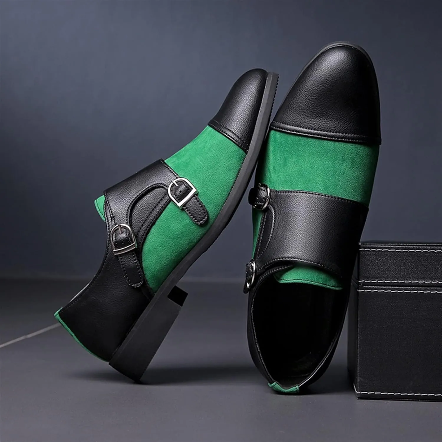 HOOENG Formal Oxford Shoes for Men Slip on Two Tone Monk Strap Cap Toe PU Leather Rubber Sole Block Heel Non Slip Anti-Slip Casual