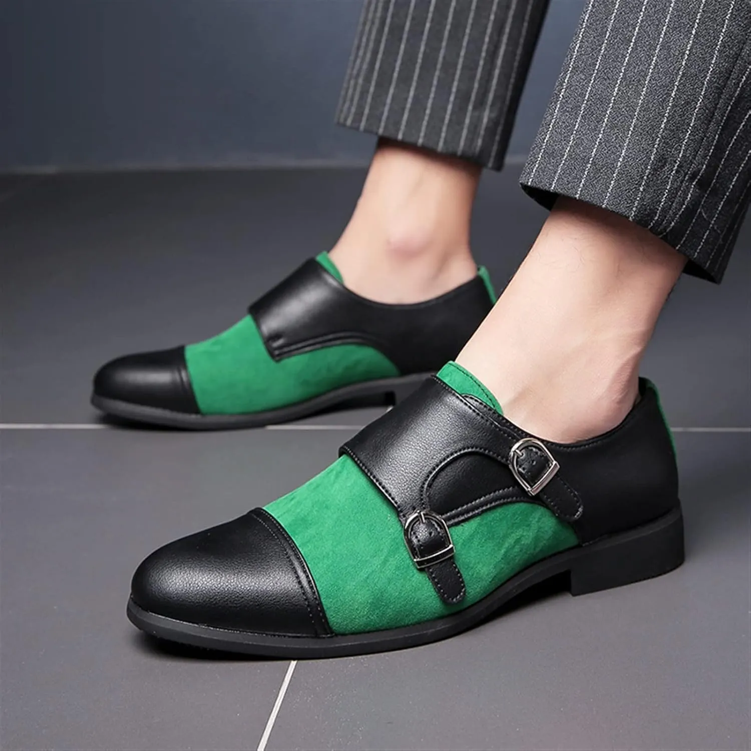 HOOENG Formal Oxford Shoes for Men Slip on Two Tone Monk Strap Cap Toe PU Leather Rubber Sole Block Heel Non Slip Anti-Slip Casual