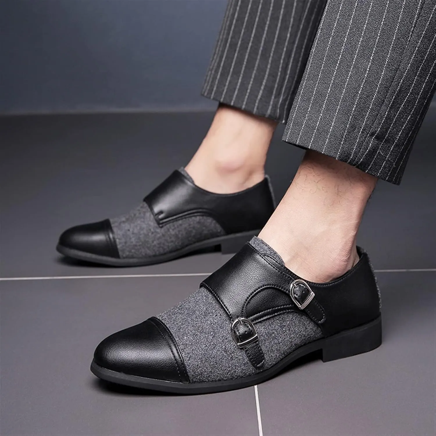 HOOENG Formal Oxford Shoes for Men Slip on Two Tone Monk Strap Cap Toe PU Leather Rubber Sole Block Heel Non Slip Anti-Slip Casual