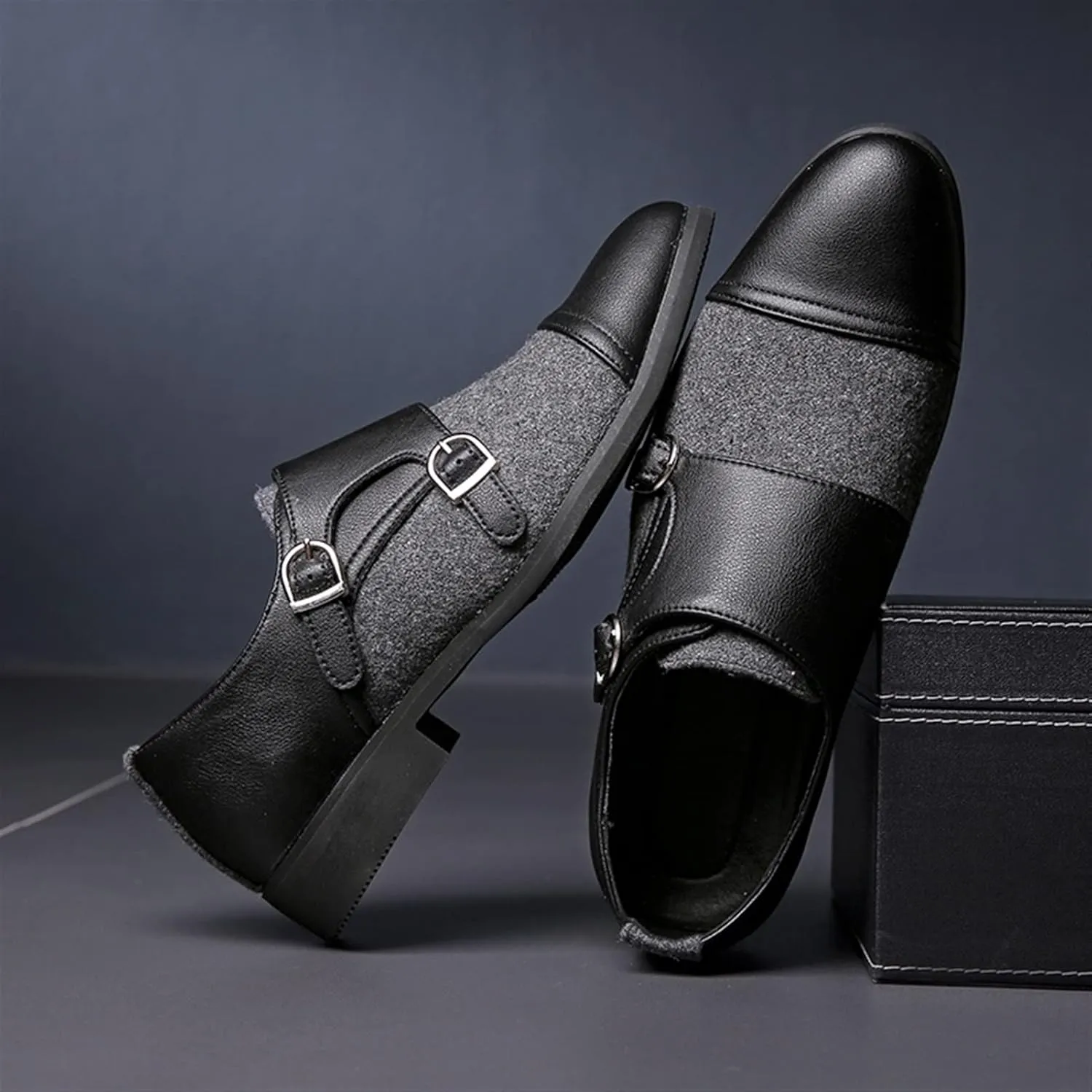 HOOENG Formal Oxford Shoes for Men Slip on Two Tone Monk Strap Cap Toe PU Leather Rubber Sole Block Heel Non Slip Anti-Slip Casual