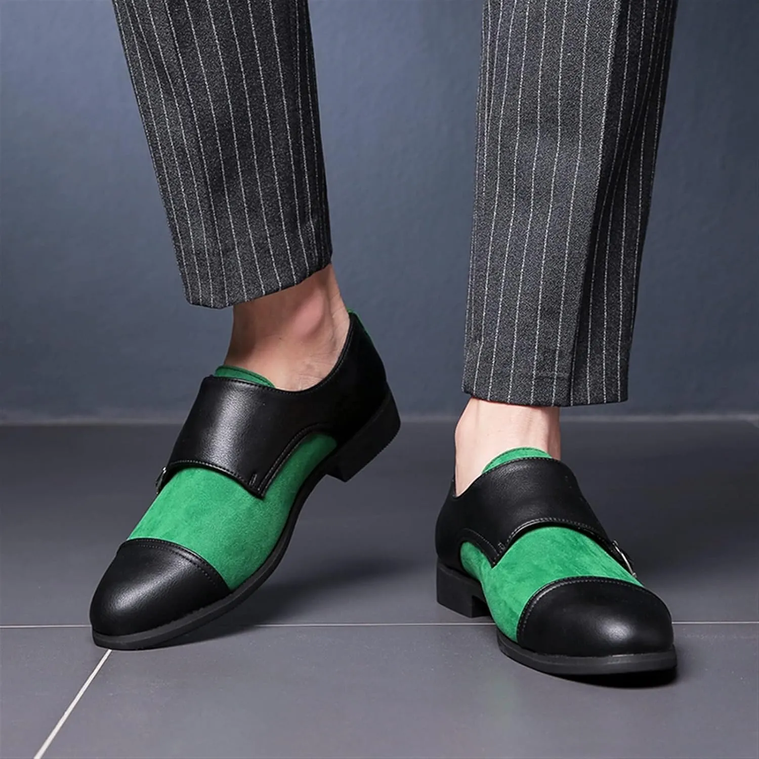 HOOENG Formal Oxford Shoes for Men Slip on Two Tone Monk Strap Cap Toe PU Leather Rubber Sole Block Heel Non Slip Anti-Slip Casual