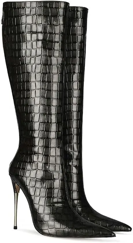 LEHOOR Women Stiletto High Heel Knee High Boots Pointed Toe Crocodile Pattern Mid-Calf Boots Back Zipper 5 Inch High Heel Patent Leather For Ladies Winter Party Evening Booties Shoes 4-12 M US