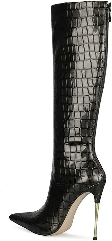LEHOOR Women Stiletto High Heel Knee High Boots Pointed Toe Crocodile Pattern Mid-Calf Boots Back Zipper 5 Inch High Heel Patent Leather For Ladies Winter Party Evening Booties Shoes 4-12 M US