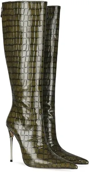 LEHOOR Women Stiletto High Heel Knee High Boots Pointed Toe Crocodile Pattern Mid-Calf Boots Back Zipper 5 Inch High Heel Patent Leather For Ladies Winter Party Evening Booties Shoes 4-12 M US