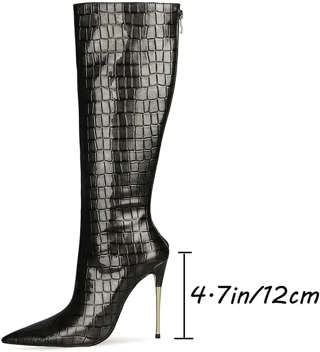 LEHOOR Women Stiletto High Heel Knee High Boots Pointed Toe Crocodile Pattern Mid-Calf Boots Back Zipper 5 Inch High Heel Patent Leather For Ladies Winter Party Evening Booties Shoes 4-12 M US