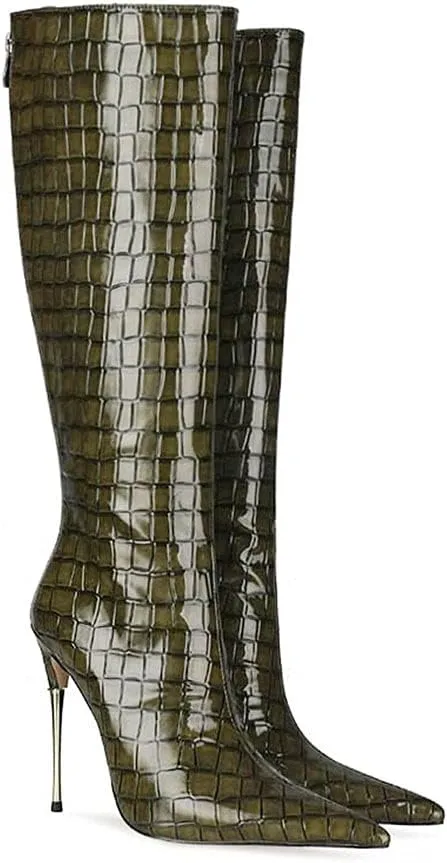 LEHOOR Women Stiletto High Heel Knee High Boots Pointed Toe Crocodile Pattern Mid-Calf Boots Back Zipper 5 Inch High Heel Patent Leather For Ladies Winter Party Evening Booties Shoes 4-12 M US