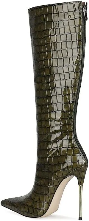 LEHOOR Women Stiletto High Heel Knee High Boots Pointed Toe Crocodile Pattern Mid-Calf Boots Back Zipper 5 Inch High Heel Patent Leather For Ladies Winter Party Evening Booties Shoes 4-12 M US