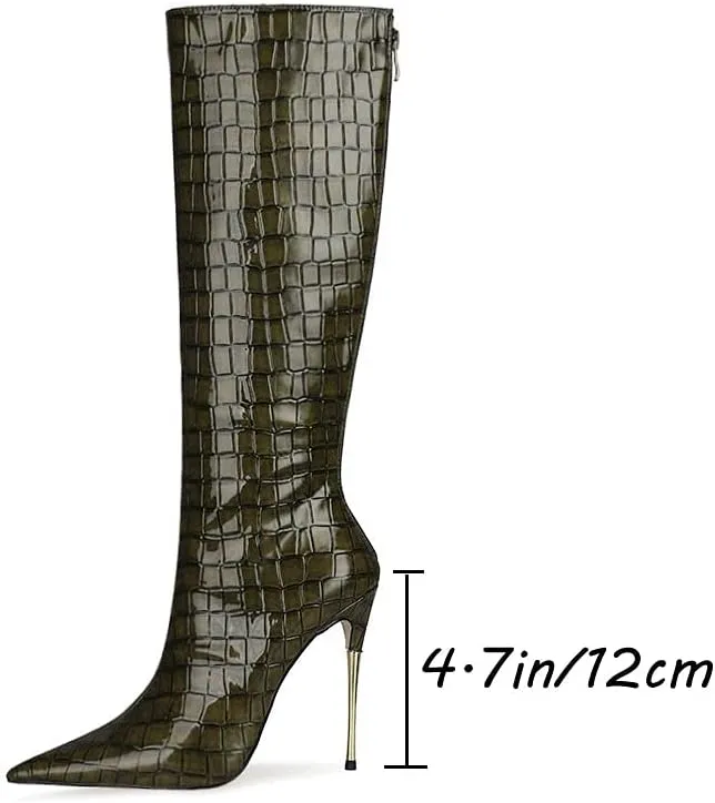 LEHOOR Women Stiletto High Heel Knee High Boots Pointed Toe Crocodile Pattern Mid-Calf Boots Back Zipper 5 Inch High Heel Patent Leather For Ladies Winter Party Evening Booties Shoes 4-12 M US