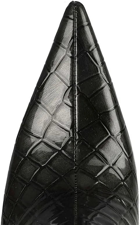 LEHOOR Women Stiletto High Heel Knee High Boots Pointed Toe Crocodile Pattern Mid-Calf Boots Back Zipper 5 Inch High Heel Patent Leather For Ladies Winter Party Evening Booties Shoes 4-12 M US