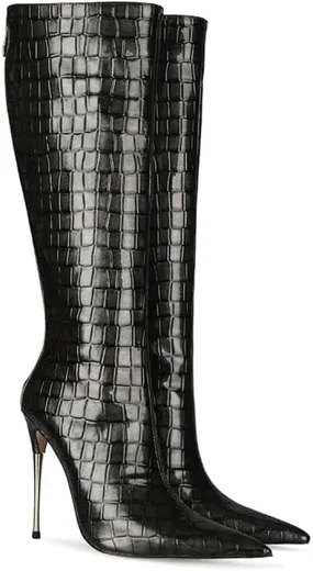 LEHOOR Women Stiletto High Heel Knee High Boots Pointed Toe Crocodile Pattern Mid-Calf Boots Back Zipper 5 Inch High Heel Patent Leather For Ladies Winter Party Evening Booties Shoes 4-12 M US