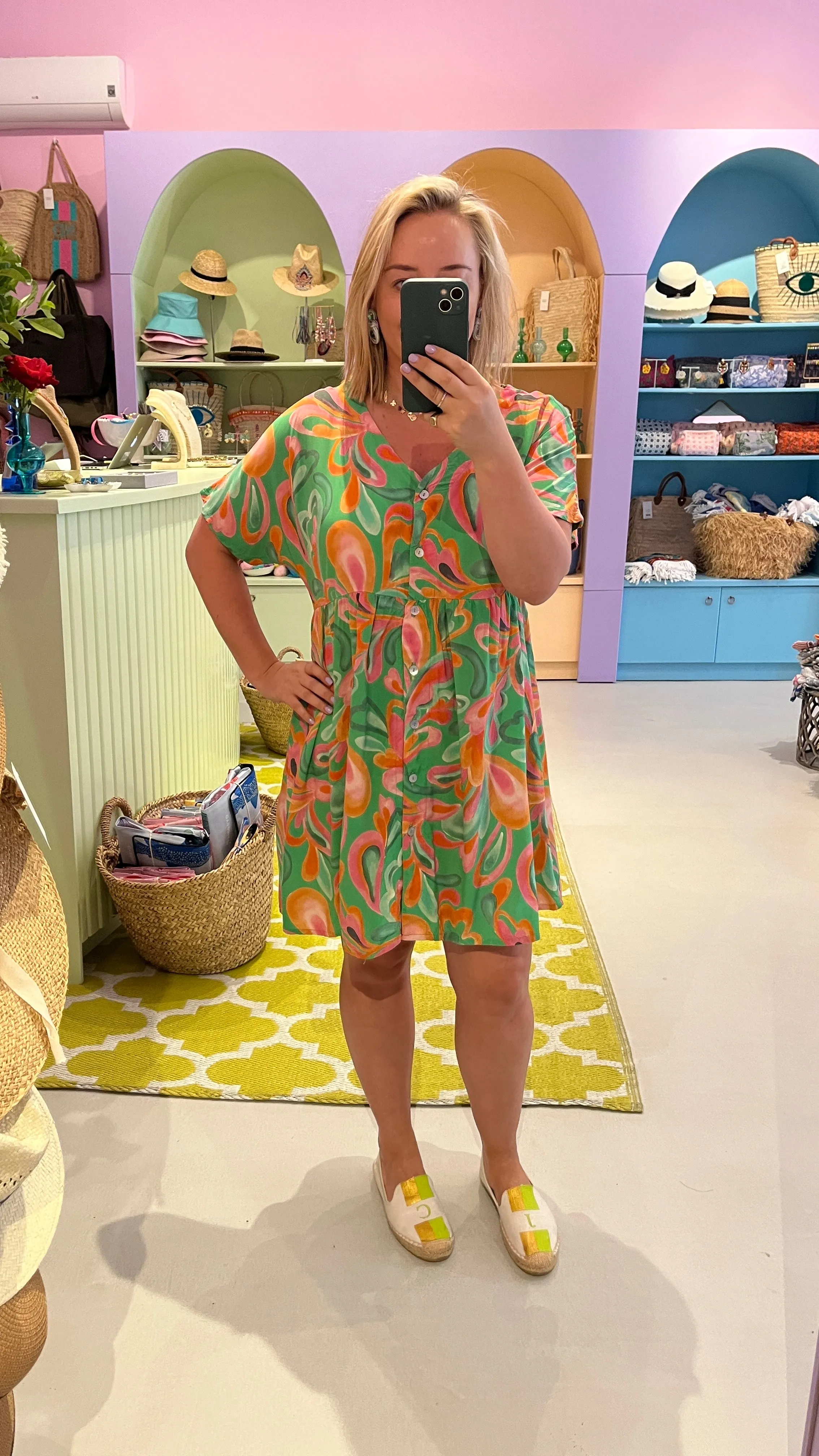Lulu Button Dress - Green, pink and orange swirl
