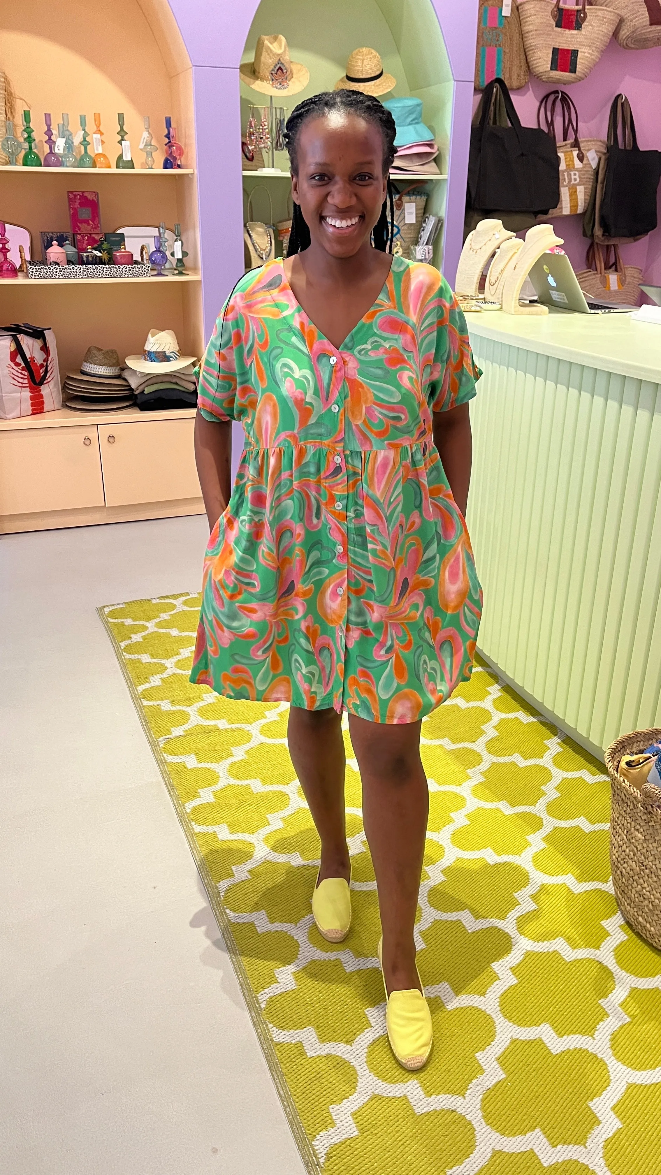 Lulu Button Dress - Green, pink and orange swirl