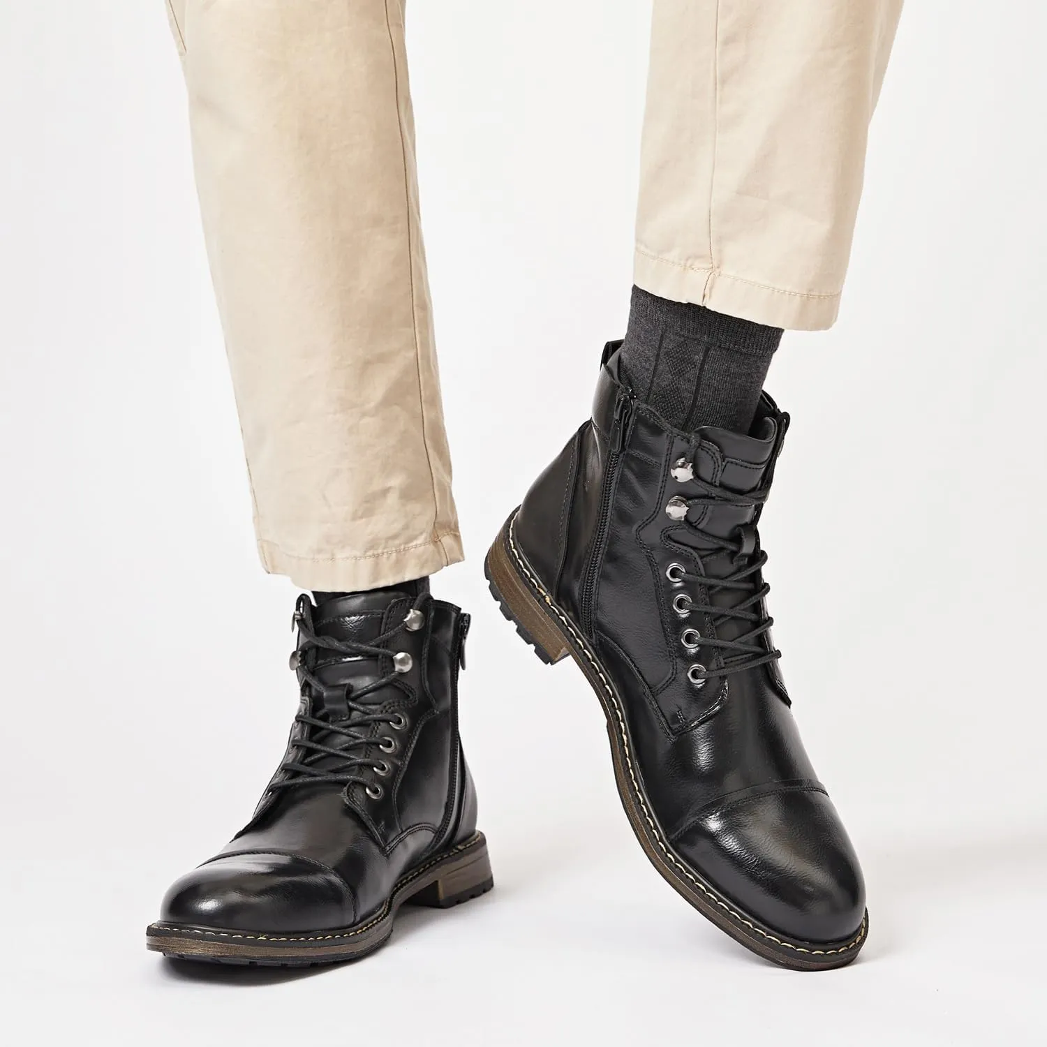 Men's Ankle Boots Motocycle Boots Lace-up Cap Toe Casual Chukka Boots with Side Zipper