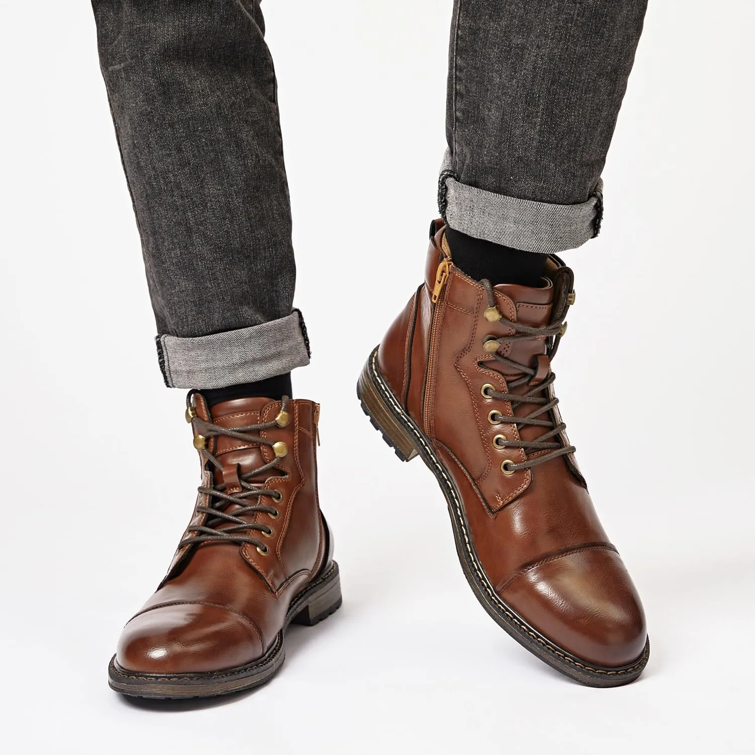 Men's Ankle Boots Motocycle Boots Lace-up Cap Toe Casual Chukka Boots with Side Zipper