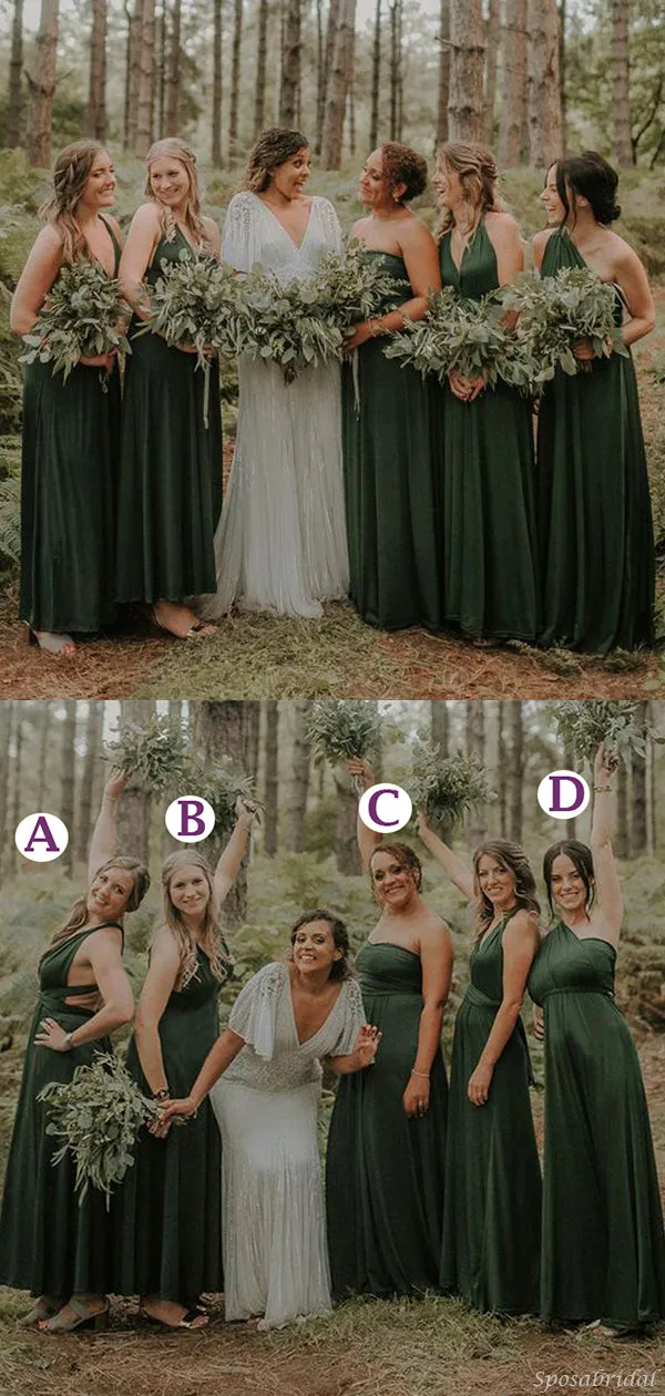 Mismatched Emerald Green A-line Floor-length Bridesmaid Dresses, BD3190