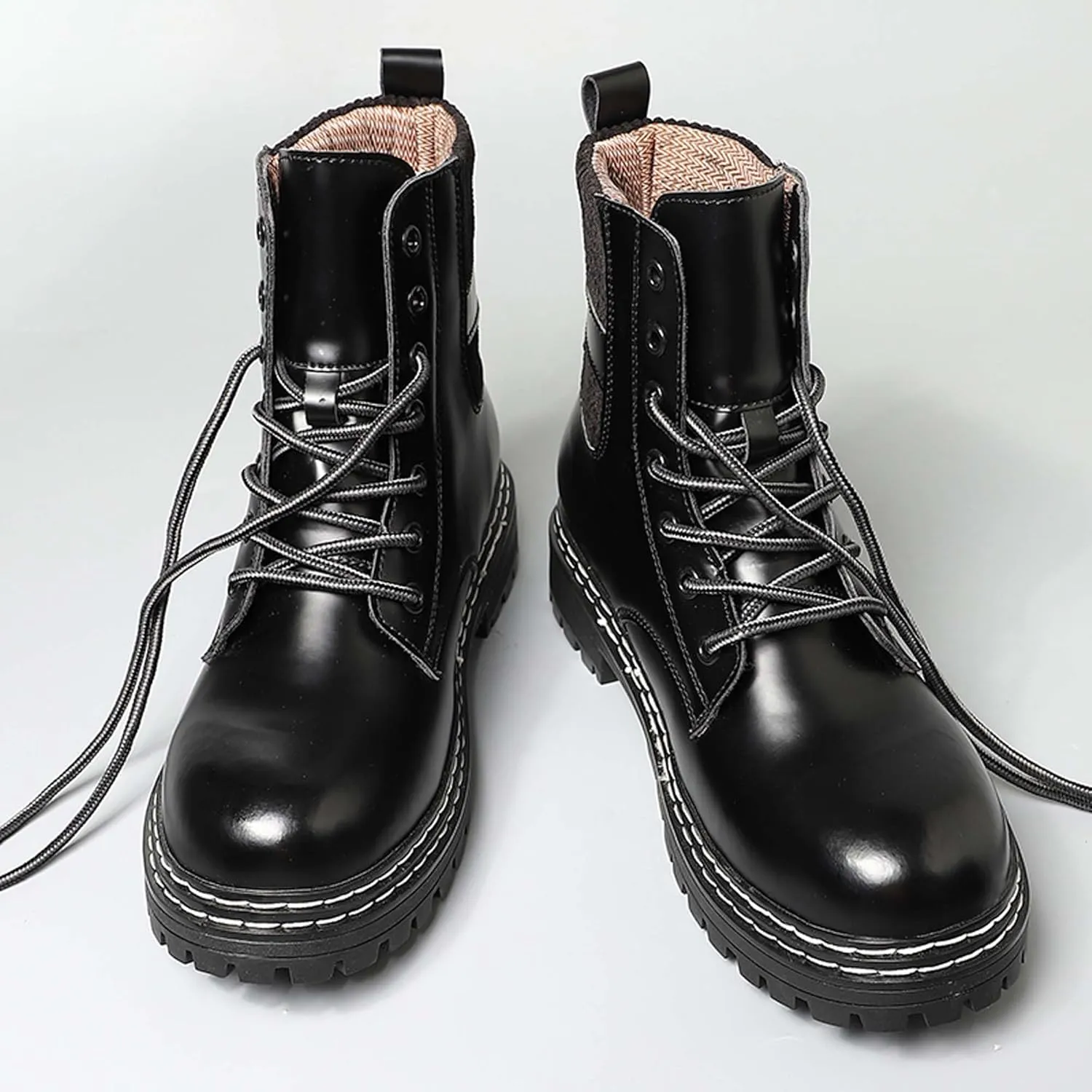 Motorcycle Riding Boots for Men and Women-Street Fashion Combat Boots-Classic Black Lace-Up Oxford Boots-Waterproof Leather Bicycle Boots-Ankle Support Height Enhancement Boots
