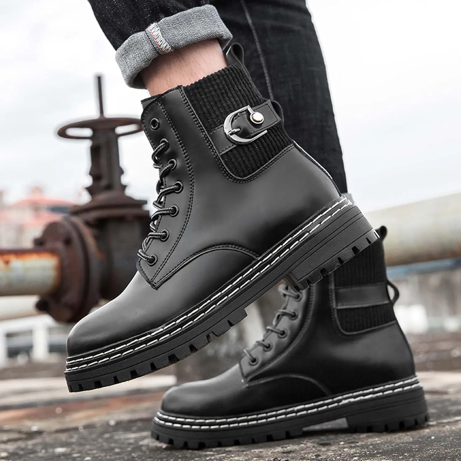 Motorcycle Riding Boots for Men and Women-Street Fashion Combat Boots-Classic Black Lace-Up Oxford Boots-Waterproof Leather Bicycle Boots-Ankle Support Height Enhancement Boots
