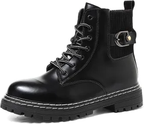 Motorcycle Riding Boots for Men and Women-Street Fashion Combat Boots-Classic Black Lace-Up Oxford Boots-Waterproof Leather Bicycle Boots-Ankle Support Height Enhancement Boots