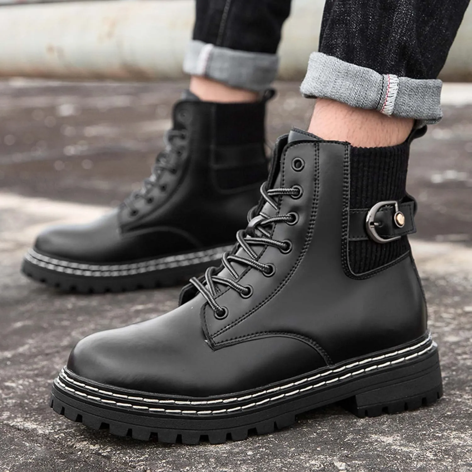 Motorcycle Riding Boots for Men and Women-Street Fashion Combat Boots-Classic Black Lace-Up Oxford Boots-Waterproof Leather Bicycle Boots-Ankle Support Height Enhancement Boots