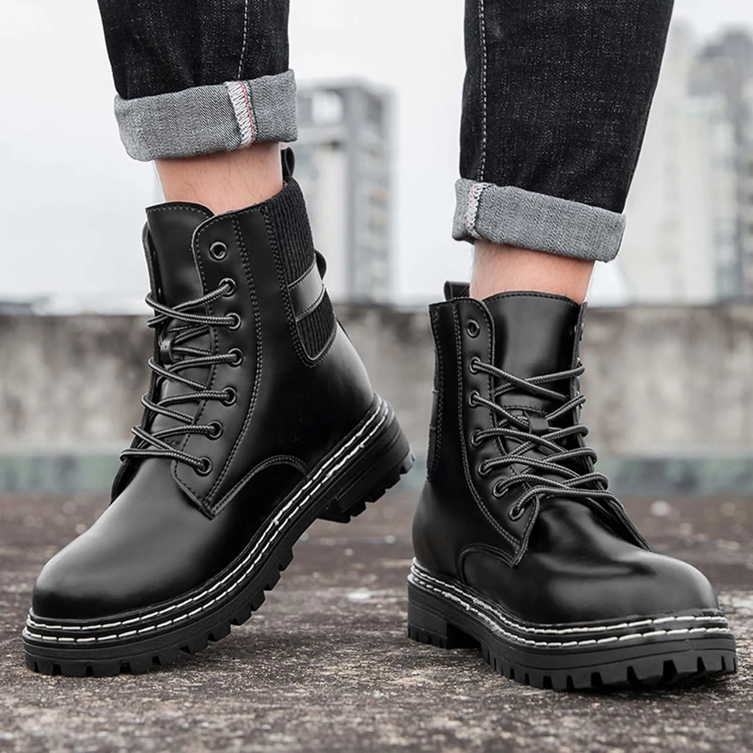 Motorcycle Riding Boots for Men and Women-Street Fashion Combat Boots-Classic Black Lace-Up Oxford Boots-Waterproof Leather Bicycle Boots-Ankle Support Height Enhancement Boots
