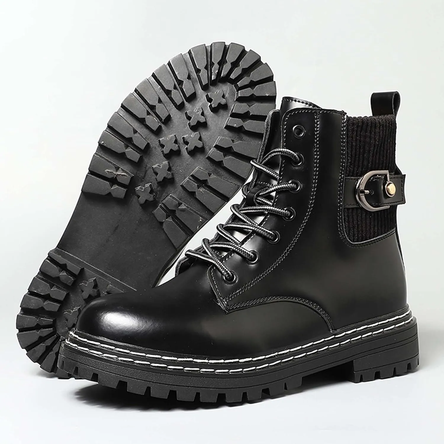 Motorcycle Riding Boots for Men and Women-Street Fashion Combat Boots-Classic Black Lace-Up Oxford Boots-Waterproof Leather Bicycle Boots-Ankle Support Height Enhancement Boots