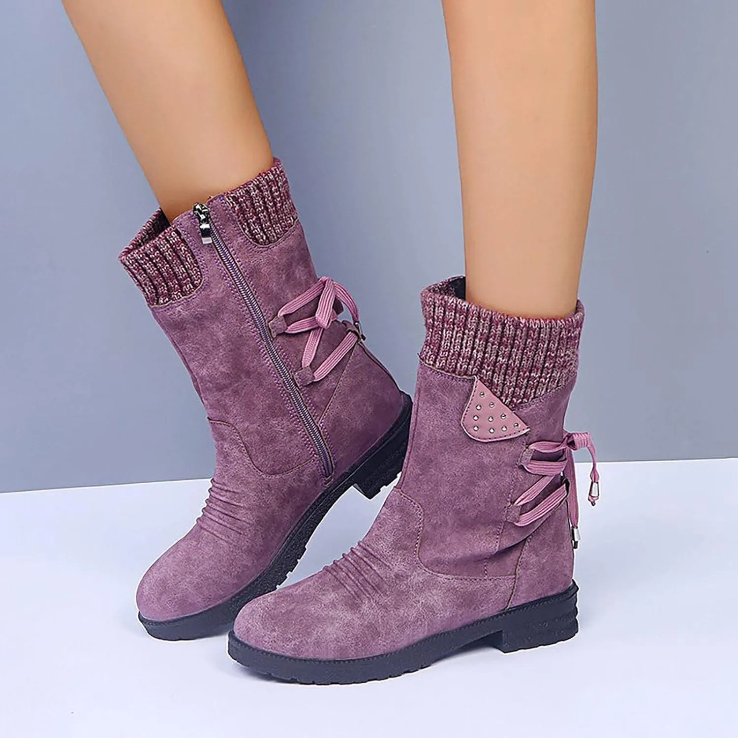 oiangi Womens Winter Boots 2022 Fashion Round Toe Lace Up Side Zipper Wool Patchwork Warm Block Low Heel Mid Calf Boots Solid Casual Western Boots Shoes