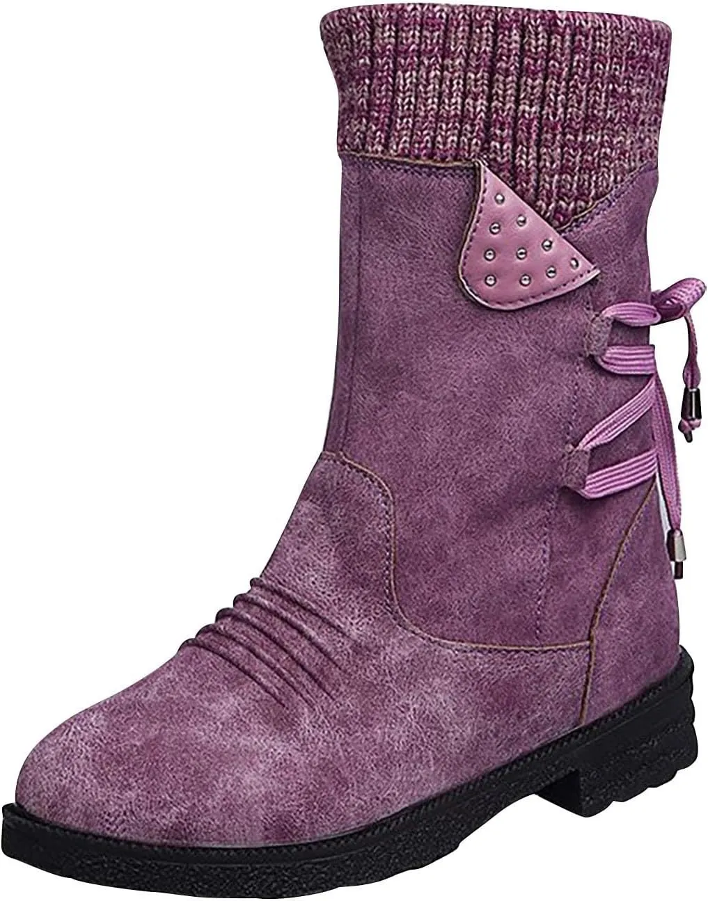 oiangi Womens Winter Boots 2022 Fashion Round Toe Lace Up Side Zipper Wool Patchwork Warm Block Low Heel Mid Calf Boots Solid Casual Western Boots Shoes