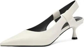 Pointed Toe Slingback Kitten Heels for Women, Leather Stiletto Heel Pumps with Elastic Strap Elegant Bridal Heel Dating Party Work Office Backless Pumps Shoes