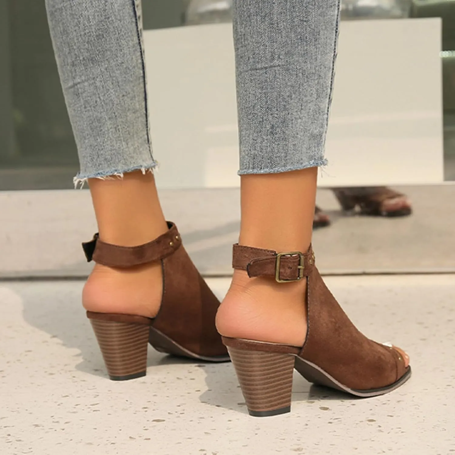 SACFOF Womens Suede Peep Toe Ankle Booties Mid Heels Ankle Strap Cutout Wedge Back Zipper Sandals Dress Boots