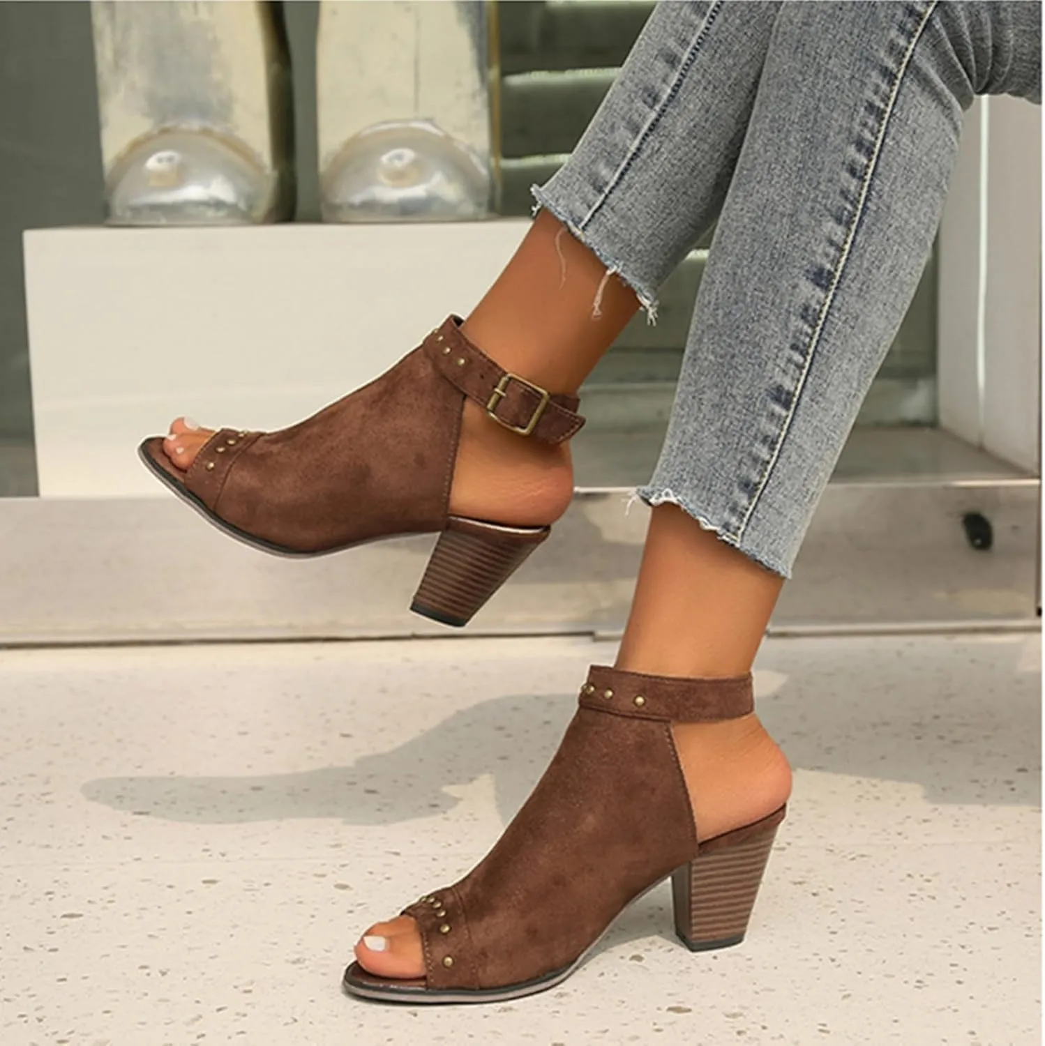 SACFOF Womens Suede Peep Toe Ankle Booties Mid Heels Ankle Strap Cutout Wedge Back Zipper Sandals Dress Boots
