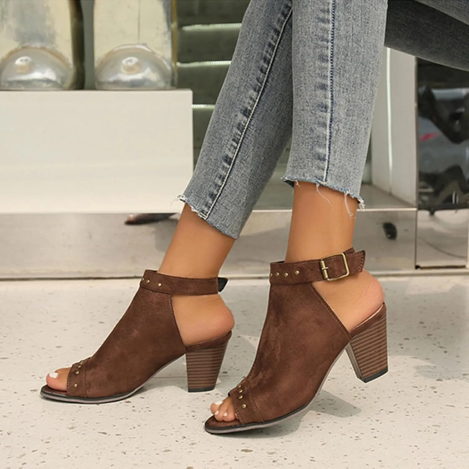 SACFOF Womens Suede Peep Toe Ankle Booties Mid Heels Ankle Strap Cutout Wedge Back Zipper Sandals Dress Boots