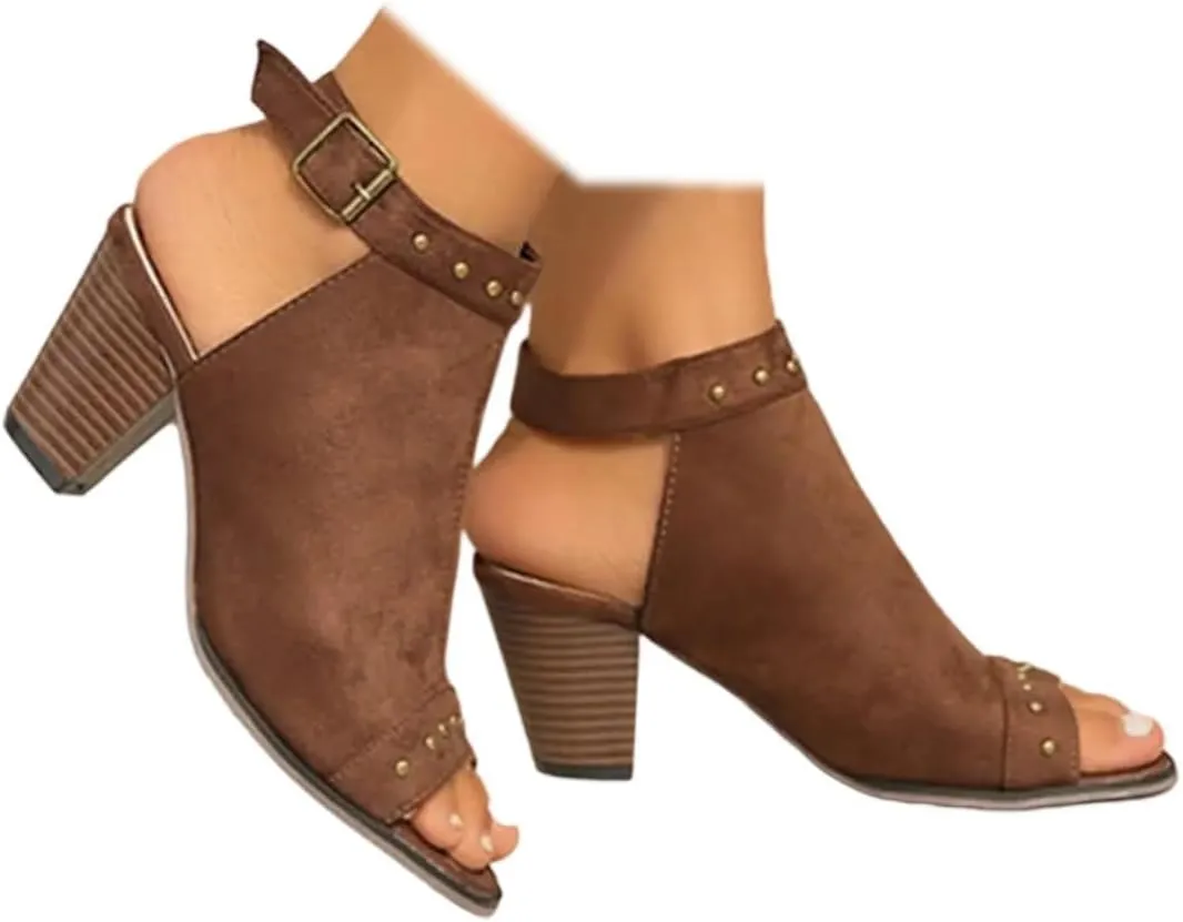 SACFOF Womens Suede Peep Toe Ankle Booties Mid Heels Ankle Strap Cutout Wedge Back Zipper Sandals Dress Boots