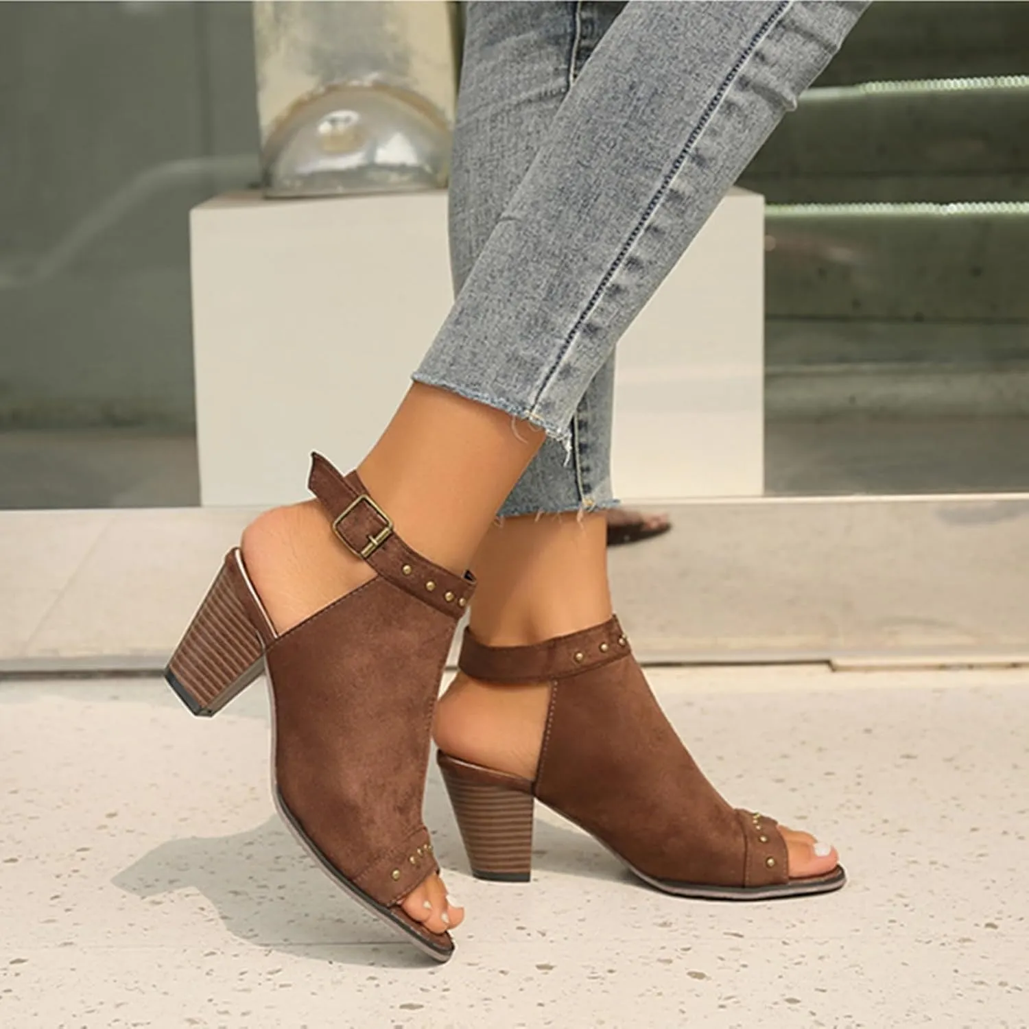 SACFOF Womens Suede Peep Toe Ankle Booties Mid Heels Ankle Strap Cutout Wedge Back Zipper Sandals Dress Boots