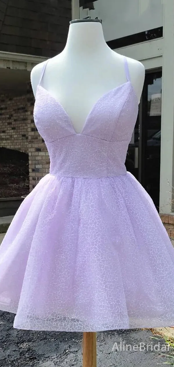 Simple V-neck Lace Spaghetti Strap A-line Short Mini Homecoming Dress, HD32698