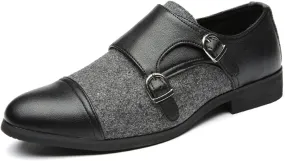 Single Season Dress Oxford for Men Slip On Two Tone Monk Strap Cap Toe PU Leather Block Heel Low Top Slip Resistant Working Very Popular Among Young People (Color : Black Gray, Size : 1