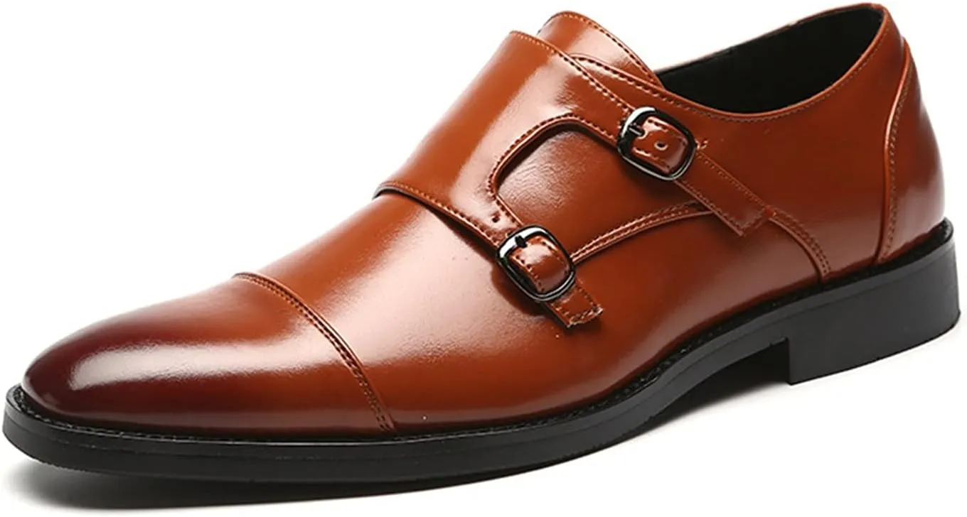 Single Season Formal Shoes for Men Slip On Monk Strap Cap Toe Black Burnished Toe PU Leather Rubber Sole Resistant Non Slip Low Top Anti-Slip Casual Very Popular Among Young People (Colo