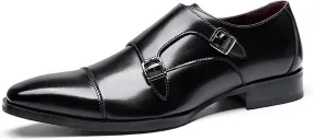 Single Season Oxford Dress Shoes for Men Slip On Double Monk Strap Burnished Toe Cap Toe Leather Block Heel Non Slip Anti-Slip Outdoor Very Popular Among Young People (Color : Black, Si