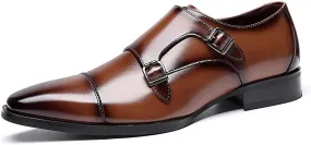 Single Season Oxford Dress Shoes for Men Slip On Double Monk Strap Burnished Toe Cap Toe Leather Block Heel Non Slip Anti-Slip Outdoor Very Popular Among Young People (Color : Brown, Si